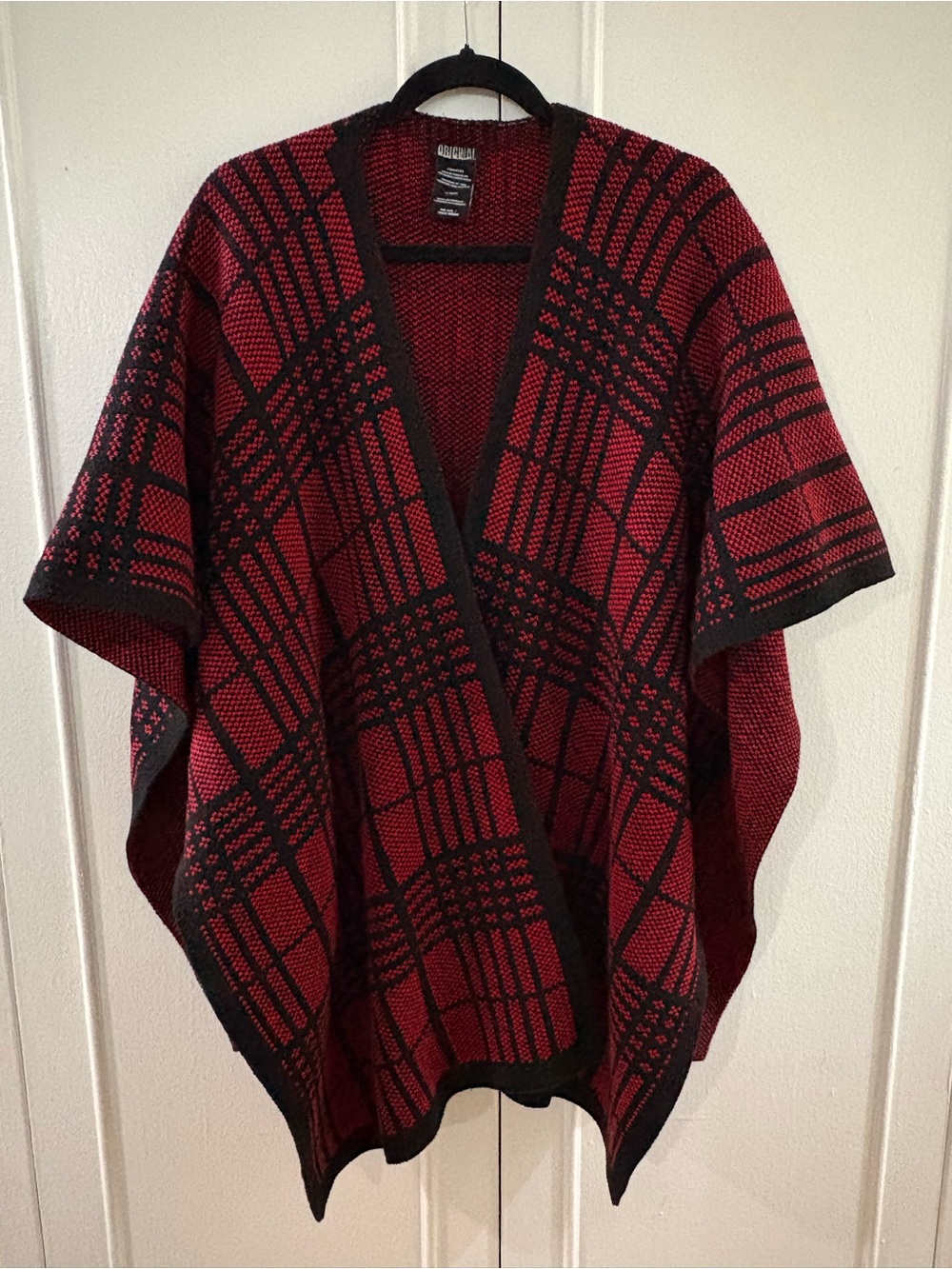 Cuddl Duds Red and Black Plaid Knit Poncho Wrap